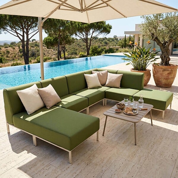 OVIALA - Salon de jardin bas modulable uni 6 places vert kaki - Patio - large