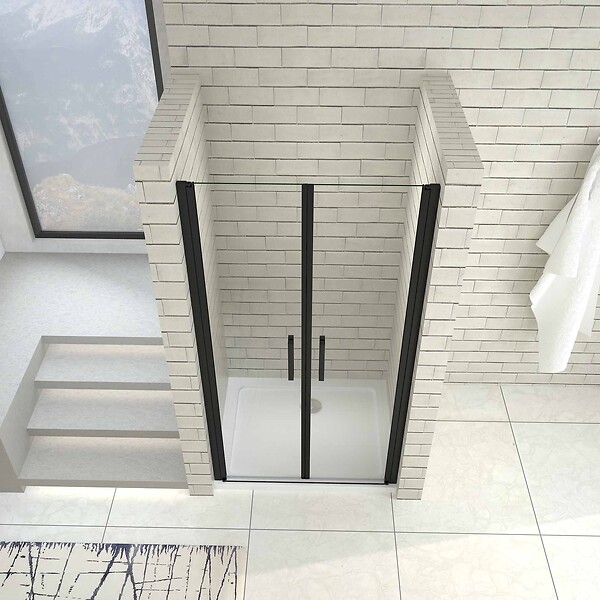 AICA SANITAIRE - Porte de douche battante 80cm en verre trempé anticalcaire profil et poignée Noir Mat douche italienne hauteur 200cm - large