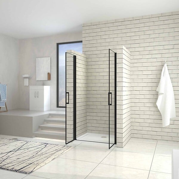 AICA SANITAIRE - Porte de douche battante 100cm en verre trempé anticalcaire profil et poignée Noir Mat douche italienne hauteur 200cm - large