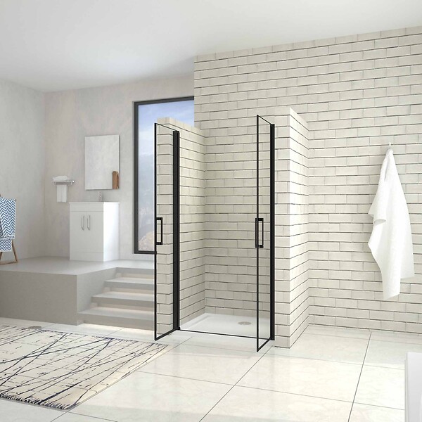 AICA SANITAIRE - Porte de douche battante 90cm en verre trempé anticalcaire profil et poignée Noir Mat douche italienne hauteur 200cm - large