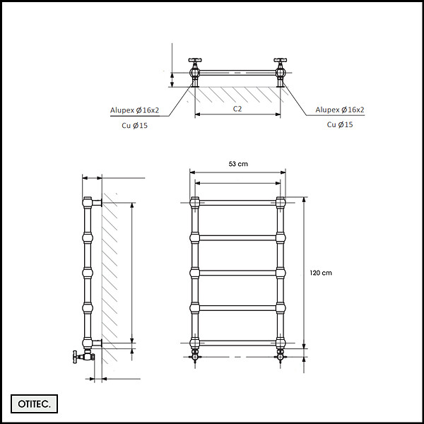OTITEC - Sèche-serviettes eau chaude - WEMA - 120 x 53 cm - Inox Brossé - large