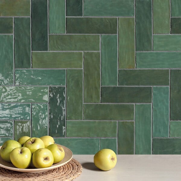 RO'MA NATURE - Carrelage effet Zellige Vert 20x6,5x0,85 cm Brillant Orisel - Mur intérieur (vendu par carton de 0,5 m²) - large