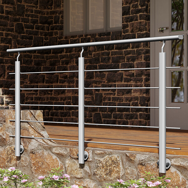 AICA SANITAIRE - Garde-corps Aluminium argenté mat - 200cm x H.100cm - Rampe escalier avec 5 traverses - Intérieur et extérieur - Pose latérale - large