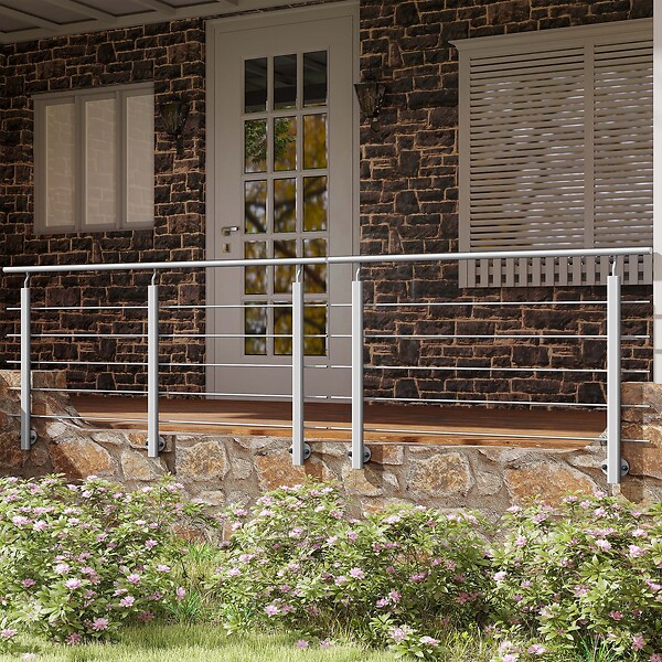 AICA SANITAIRE - Garde-corps Aluminium argenté mat - 200cm x H.100cm - Rampe escalier avec 5 traverses - Intérieur et extérieur - Pose latérale - large