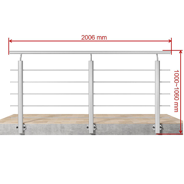 AICA SANITAIRE - Garde-corps Aluminium argenté mat - 200cm x H.100cm - Rampe escalier avec 5 traverses - Intérieur et extérieur - Pose latérale - large