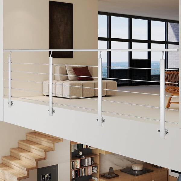 AICA SANITAIRE - Garde-corps Aluminium argenté mat - 300cm x H.100cm - Rampe escalier avec 5 traverses - Intérieur et extérieur - Pose latérale - large