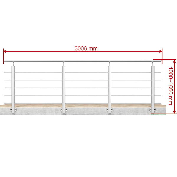 AICA SANITAIRE - Garde-corps Aluminium argenté mat - 300cm x H.100cm - Rampe escalier avec 5 traverses - Intérieur et extérieur - Pose latérale - large