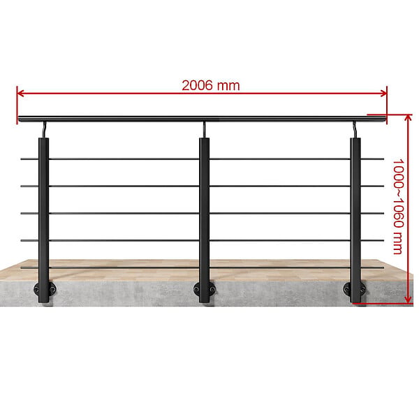 AICA SANITAIRE - Garde-corps Aluminium noir mat - 200cm x H.100cm - Rampe escalier avec 5 traverses - Intérieur et extérieur - Pose latérale - large