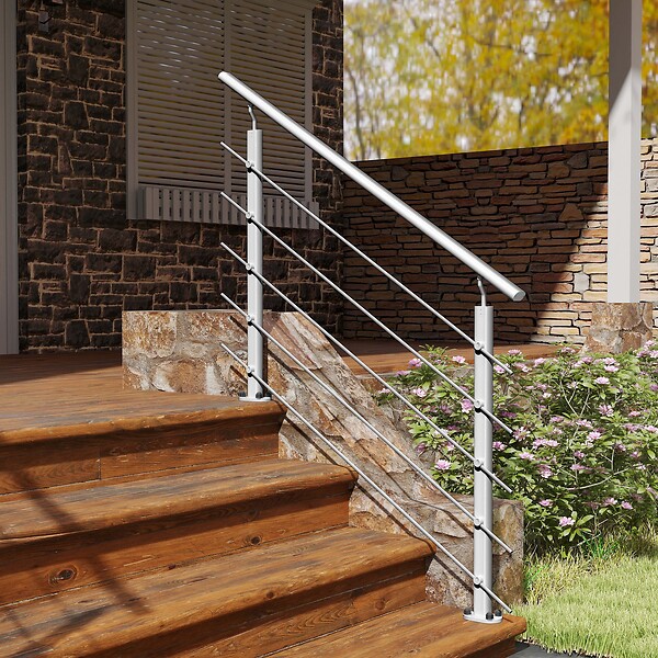 AICA SANITAIRE - Garde-corps Aluminium argenté mat - 100cm x H.100cm - Rampe escalier avec 5 traverses - Intérieur et extérieur - Fixation à plat - large