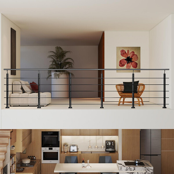 AICA SANITAIRE - Garde-corps Aluminium noir mat - 500cm x H.100cm - Rampe escalier avec 5 traverses - Intérieur et extérieur - Fixation à plat - large