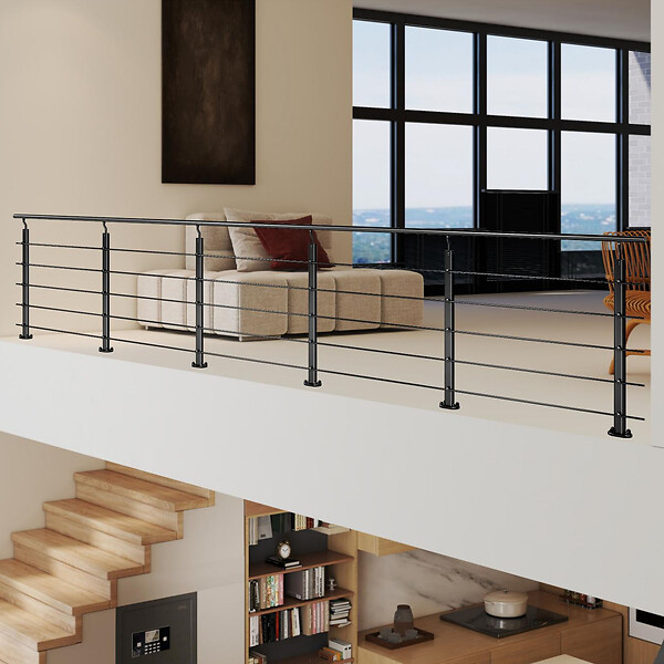 AICA SANITAIRE - Garde-corps Aluminium noir mat - 500cm x H.100cm - Rampe escalier avec 5 traverses - Intérieur et extérieur - Fixation à plat - large