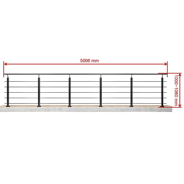 AICA SANITAIRE - Garde-corps Aluminium noir mat - 500cm x H.100cm - Rampe escalier avec 5 traverses - Intérieur et extérieur - Fixation à plat - large