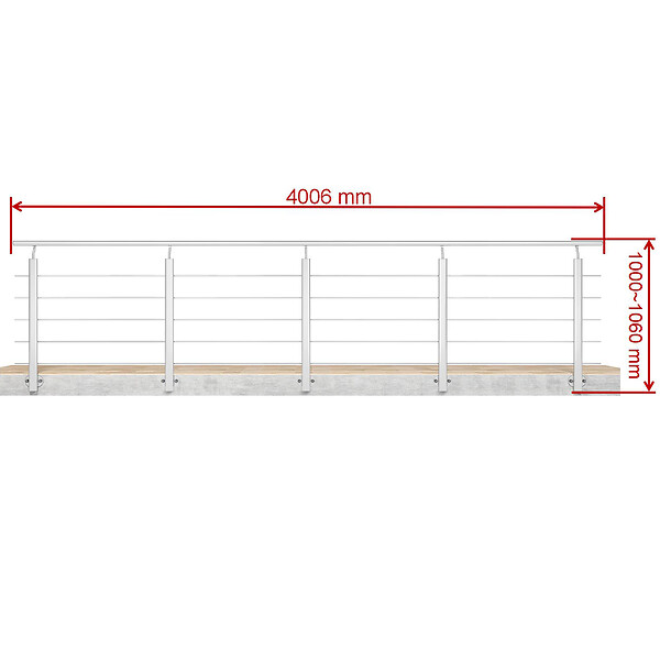 AICA SANITAIRE - Garde-corps Aluminium argenté mat - 400cm x H.100cm - Rampe escalier avec 5 traverses - Intérieur et extérieur - Pose latérale - large