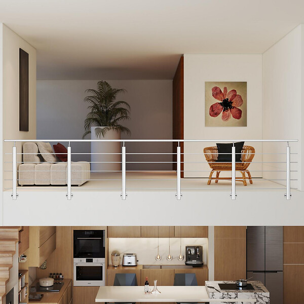AICA SANITAIRE - Garde-corps Aluminium argenté mat - 500cm x H.100cm - Rampe escalier avec 5 traverses - Intérieur et extérieur - Pose latérale - large