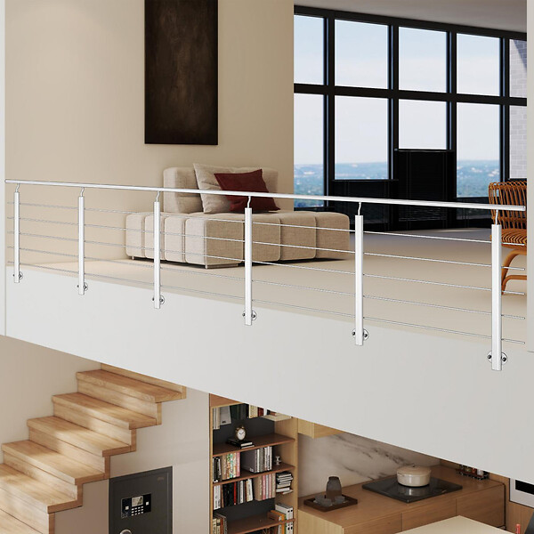 AICA SANITAIRE - Garde-corps Aluminium argenté mat - 500cm x H.100cm - Rampe escalier avec 5 traverses - Intérieur et extérieur - Pose latérale - large