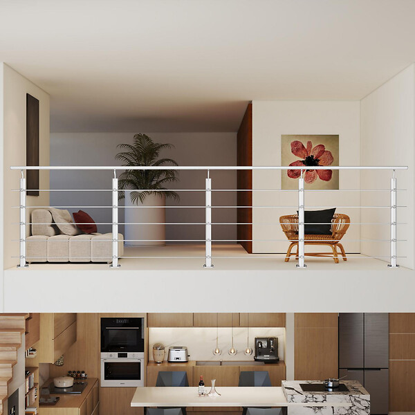 AICA SANITAIRE - Garde-corps Aluminium argenté mat - 400cm x H.100cm - Rampe escalier avec 5 traverses - Intérieur et extérieur - Fixation à plat - large