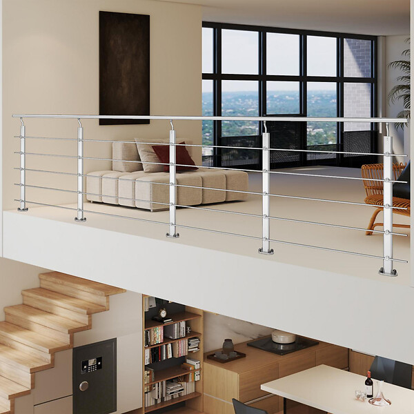 AICA SANITAIRE - Garde-corps Aluminium argenté mat - 400cm x H.100cm - Rampe escalier avec 5 traverses - Intérieur et extérieur - Fixation à plat - large