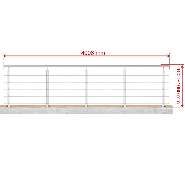 AICA SANITAIRE - Garde-corps Aluminium argenté mat - 400cm x H.100cm - Rampe escalier avec 5 traverses - Intérieur et extérieur - Fixation à plat - large