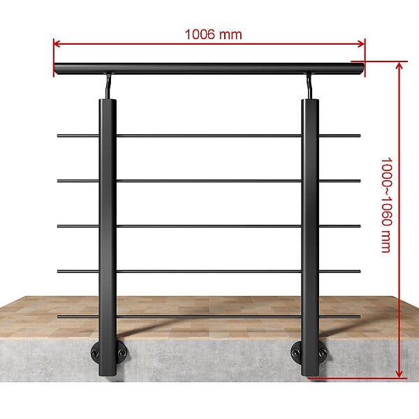AICA SANITAIRE - Garde-corps Aluminium noir mat - 100cm x H.100cm - Rampe escalier avec 5 traverses - Intérieur et extérieur - Pose latérale - large