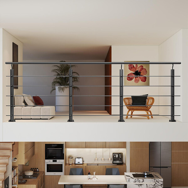 AICA SANITAIRE - Garde-corps Aluminium noir mat - 300cm x H.100cm - Rampe escalier avec 5 traverses - Intérieur et extérieur - Fixation à plat - large