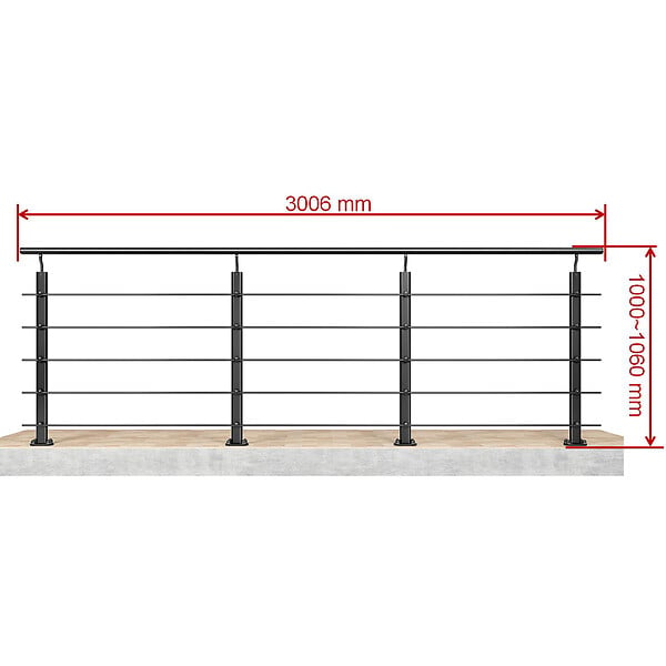AICA SANITAIRE - Garde-corps Aluminium noir mat - 300cm x H.100cm - Rampe escalier avec 5 traverses - Intérieur et extérieur - Fixation à plat - large