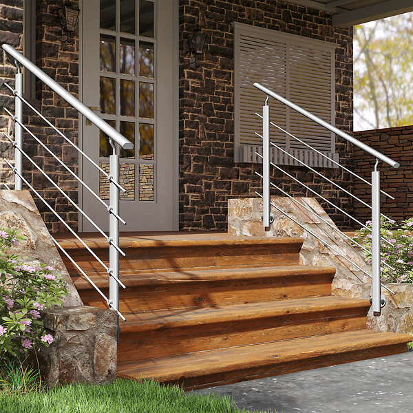AICA SANITAIRE - Garde-corps Aluminium argenté mat - 150cm x H.100cm - Rampe escalier avec 5 traverses - Intérieur et extérieur - Pose latérale - large