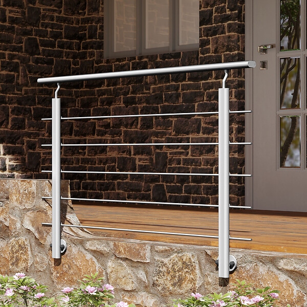 AICA SANITAIRE - Garde-corps Aluminium argenté mat - 150cm x H.100cm - Rampe escalier avec 5 traverses - Intérieur et extérieur - Pose latérale - large