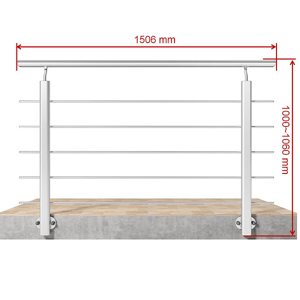 AICA SANITAIRE - Garde-corps Aluminium argenté mat - 150cm x H.100cm - Rampe escalier avec 5 traverses - Intérieur et extérieur - Pose latérale - large
