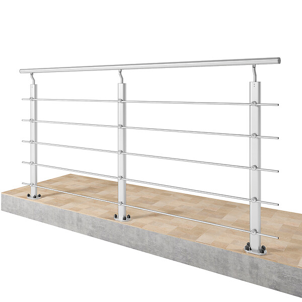 AICA SANITAIRE - Garde-corps Aluminium argenté mat - 200cm x H.100cm - Rampe escalier avec 5 traverses - Intérieur et extérieur - Fixation à plat - large