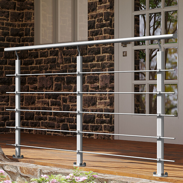 AICA SANITAIRE - Garde-corps Aluminium argenté mat - 200cm x H.100cm - Rampe escalier avec 5 traverses - Intérieur et extérieur - Fixation à plat - large