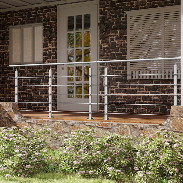 AICA SANITAIRE - Garde-corps Aluminium argenté mat - 200cm x H.100cm - Rampe escalier avec 5 traverses - Intérieur et extérieur - Fixation à plat - large
