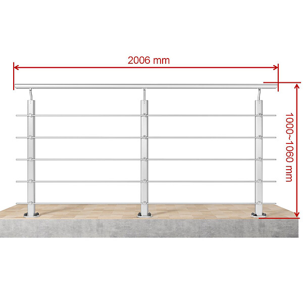 AICA SANITAIRE - Garde-corps Aluminium argenté mat - 200cm x H.100cm - Rampe escalier avec 5 traverses - Intérieur et extérieur - Fixation à plat - large