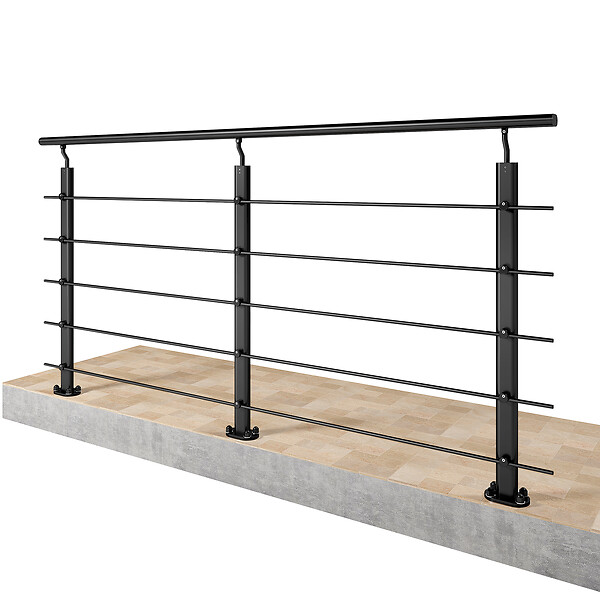 AICA SANITAIRE - Garde-corps Aluminium noir mat - 200cm x H.100cm - Rampe escalier avec 5 traverses - Intérieur et extérieur - Fixation à plat - large