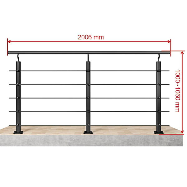 AICA SANITAIRE - Garde-corps Aluminium noir mat - 200cm x H.100cm - Rampe escalier avec 5 traverses - Intérieur et extérieur - Fixation à plat - large
