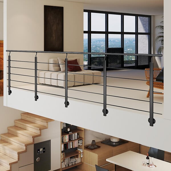 AICA SANITAIRE - Garde-corps Aluminium noir mat - 400cm x H.100cm - Rampe escalier avec 5 traverses - Intérieur et extérieur - Pose latérale - large