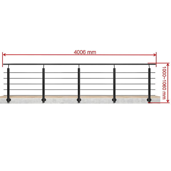 AICA SANITAIRE - Garde-corps Aluminium noir mat - 400cm x H.100cm - Rampe escalier avec 5 traverses - Intérieur et extérieur - Pose latérale - large