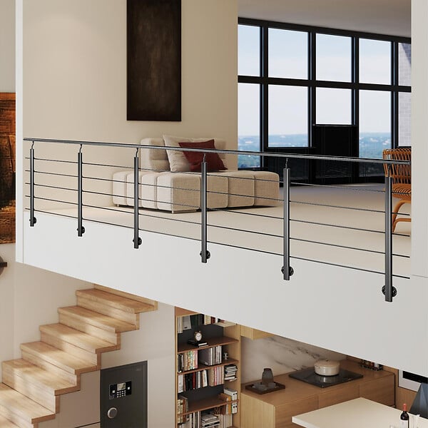 AICA SANITAIRE - Garde-corps Aluminium noir mat - 500cm x H.100cm - Rampe escalier avec 5 traverses - Intérieur et extérieur - Pose latérale - large