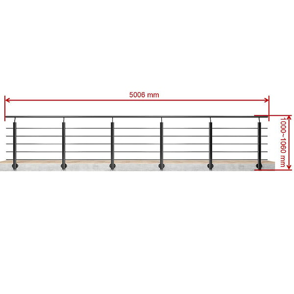 AICA SANITAIRE - Garde-corps Aluminium noir mat - 500cm x H.100cm - Rampe escalier avec 5 traverses - Intérieur et extérieur - Pose latérale - large