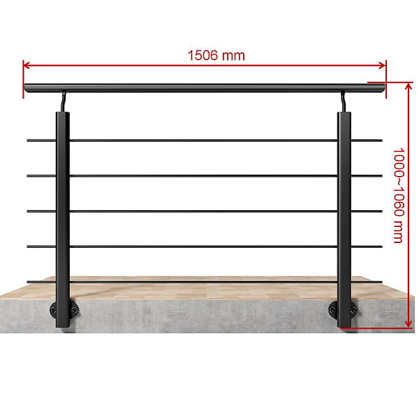 AICA SANITAIRE - Garde-corps Aluminium noir mat - 150cm x H.100cm - Rampe escalier avec 5 traverses - Intérieur et extérieur - Pose latérale - large