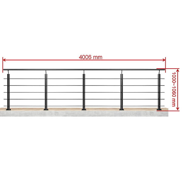 AICA SANITAIRE - Garde-corps Aluminium noir mat - 400cm x H.100cm - Rampe escalier avec 5 traverses - Intérieur et extérieur - Fixation à plat - large