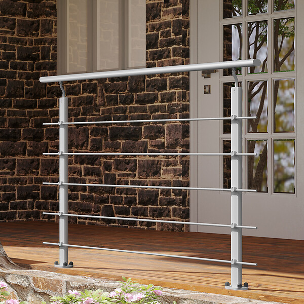 AICA SANITAIRE - Garde-corps Aluminium argenté mat - 150cm x H.100cm - Rampe escalier avec 5 traverses - Intérieur et extérieur - Fixation à plat - large
