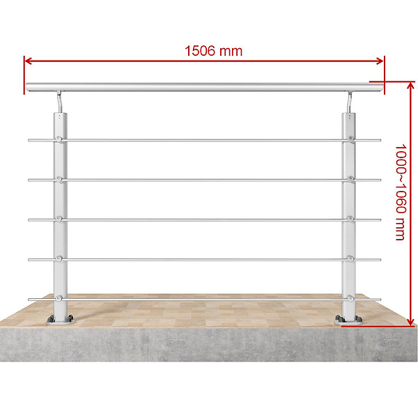 AICA SANITAIRE - Garde-corps Aluminium argenté mat - 150cm x H.100cm - Rampe escalier avec 5 traverses - Intérieur et extérieur - Fixation à plat - large