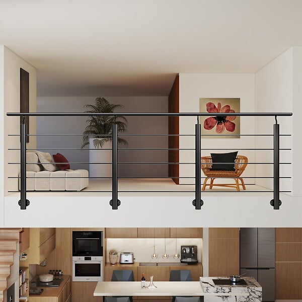 AICA SANITAIRE - Garde-corps Aluminium noir mat - 300cm x H.100cm - Rampe escalier avec 5 traverses - Intérieur et extérieur - Pose latérale - large