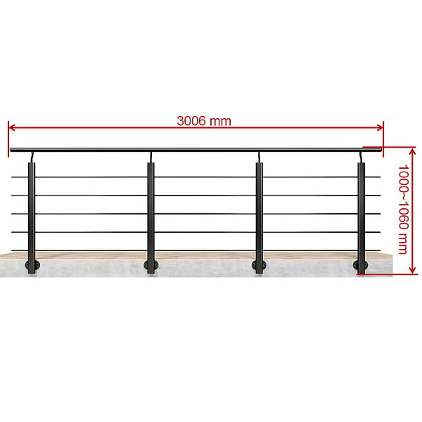 AICA SANITAIRE - Garde-corps Aluminium noir mat - 300cm x H.100cm - Rampe escalier avec 5 traverses - Intérieur et extérieur - Pose latérale - large