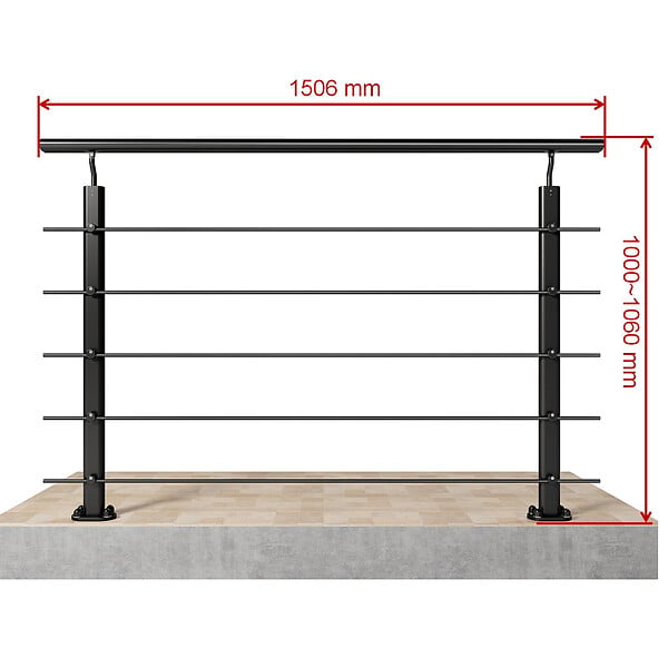 AICA SANITAIRE - Garde-corps Aluminium noir mat - 150cm x H.100cm - Rampe escalier avec 5 traverses - Intérieur et extérieur - Fixation à plat - large