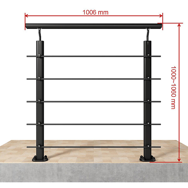 AICA SANITAIRE - Garde-corps Aluminium noir mat - 100cm x H.100cm - Rampe escalier avec 5 traverses - Intérieur et extérieur - Fixation à plat - large