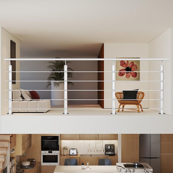 AICA SANITAIRE - Garde-corps Aluminium argenté mat - 300cm x H.100cm - Rampe escalier avec 5 traverses - Intérieur et extérieur - Fixation à plat - large