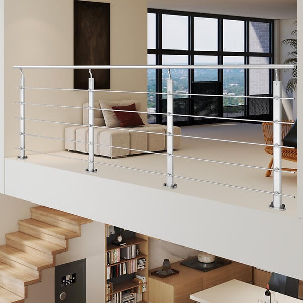 AICA SANITAIRE - Garde-corps Aluminium argenté mat - 300cm x H.100cm - Rampe escalier avec 5 traverses - Intérieur et extérieur - Fixation à plat - large