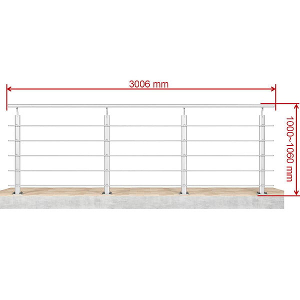AICA SANITAIRE - Garde-corps Aluminium argenté mat - 300cm x H.100cm - Rampe escalier avec 5 traverses - Intérieur et extérieur - Fixation à plat - large