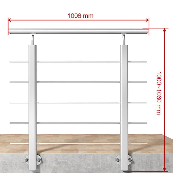 AICA SANITAIRE - Garde-corps Aluminium argenté mat - 100cm x H.100cm - Rampe escalier avec 5 traverses - Intérieur et extérieur - Pose latérale - large